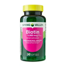 Spring Valley Biotin 5000 mcg Softgels, Hair Skin & Nails Support, 240 Count