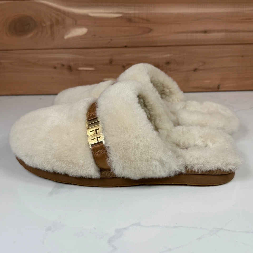 Chinelos femininos UGG Scuffette II pele de carneiro logotipo creme bronzeado fivela tamanho 8 - Imagem 3 de 4