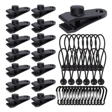 45 Tarp Clips Set Lock Grip with Bungees & Carabiners for Tent Awning Use
