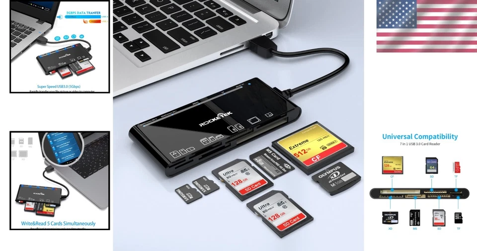 USB 3.0 Memory Card Reader, 7 in 1 Adapter Hub, for SD, CF, TF, Micro SD, XD, MS - Image 2 of 4