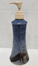 Vintage Studio Art Pottery Soap Dispenser Signed Blue Stoneware Lotion Pump