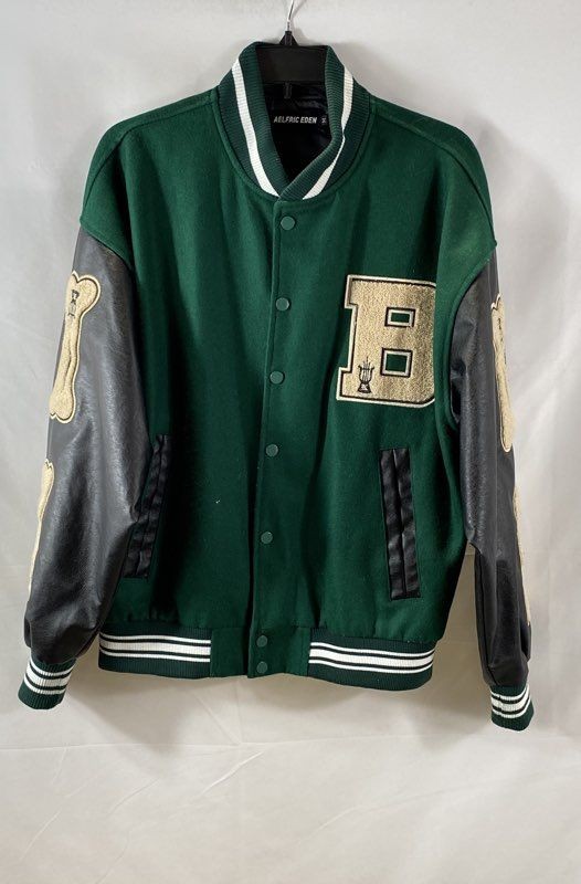 Aelfric Eden Men's Bad-to-the-bone-B Varsity Jacket Green Black Bones Patch M