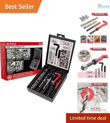 Thread Repair Kit 1/4-20 Inch SAE Helicoil HSS Drill & Inserts for Auto & Plu...