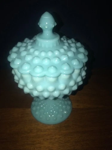 Fenton Turquoise Aqua Pastel Milk Glass Hobnail Compote Candy Dish w/ Lid 9"
