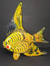 Hand-Blown Yellow Swirl Art Glass Murano Style 10" Angel Fish Sculpture Statue