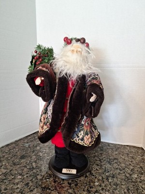 Vintage Floral Tapestry Faux Brown Mink Fur Apple Red Suit Santa Claus  