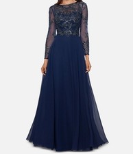 Xscape Women's Blue Mesh-Sleeve Embellished Gown Dress Petite Size 4P