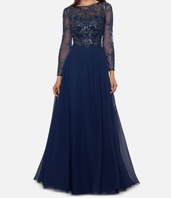 Xscape Women's Blue Mesh-Sleeve Embellished Gown Dress Petite Size 4P