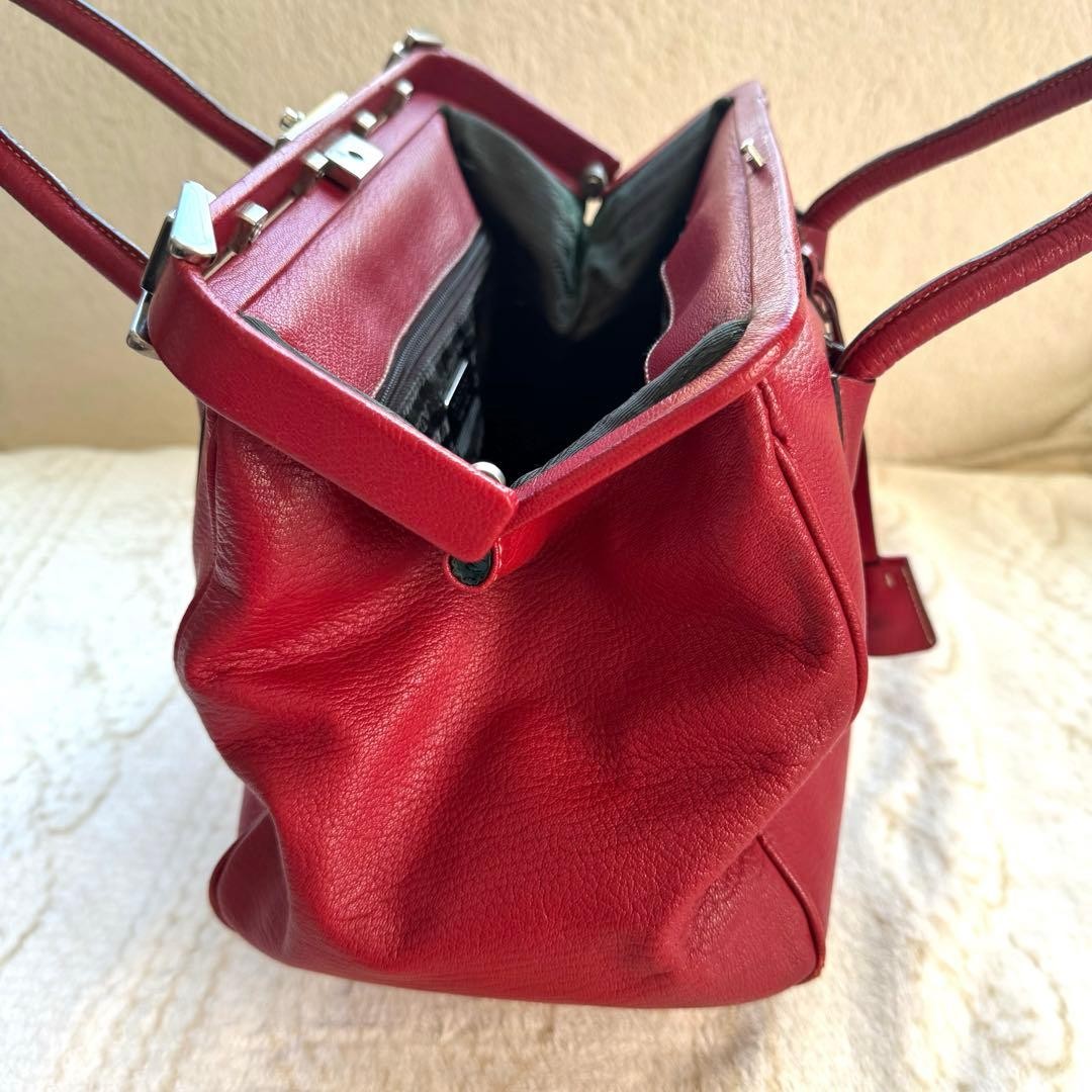 PRADA Hand Bag Clasp Purse Leather Red Silver thumbnail 12