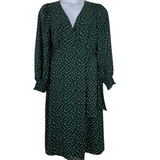 Max Studio Size Medium Wrap Dress Long Balloon Sleeves V Neck Green Polka Dots