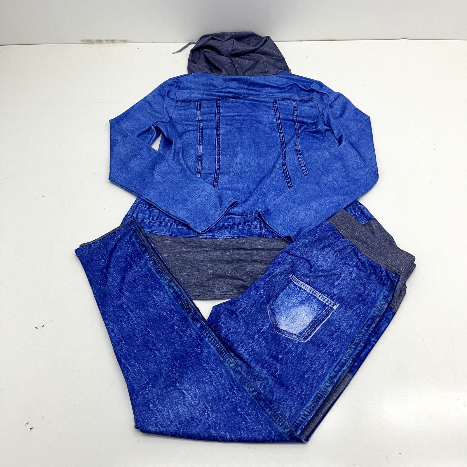 Blue & Gray Denim Design Print Hoodie & Leggings Set Women's Size Large NEW