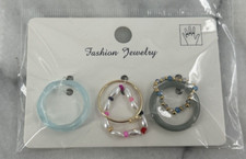 Set of 5 Rings Acrylic Stretch Beaded Gold Tone Blue Pink NEW Womens Fashion