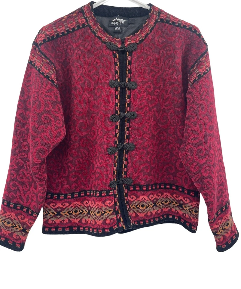 Свитер исландский дизайн размер большой цветочный женский кардиган из красной шерстяной смеси с подкладкой - Изображение 2 из 4