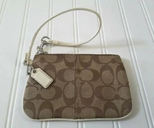 COACH Signature C Khaki and White Patent Leather Wristlet Pouch