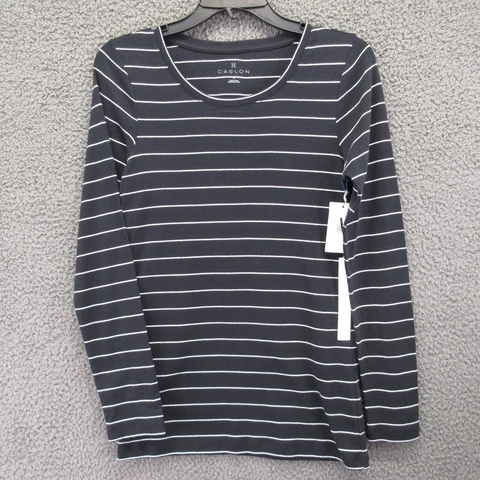 Camiseta para mujer Caslon negra blanca a rayas manga larga mediana #4518 Foto 3 de 4