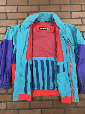 Vintage Mighty-Mac Jacket W/ Hood Colorblock Red/Teal/Purple 80s