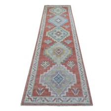 2'9" x 10'5" Soft Wool Hand Knotted Coral Red Angora Oushak Runner Rug R69057