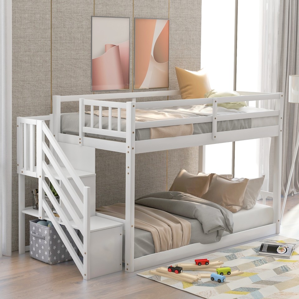 Twin over Twin Floor Bunk Bed with Storage eBay