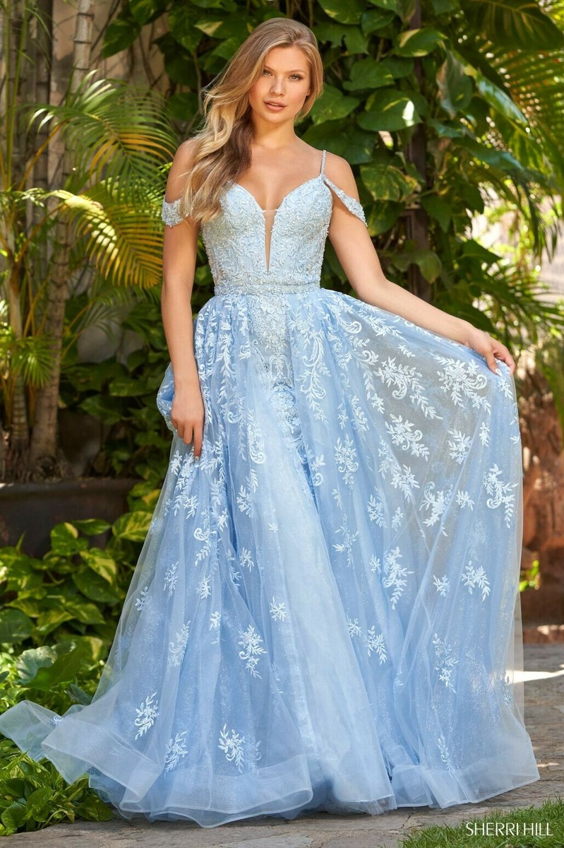 sherri hill floral embroidered dress Sherri Hill Floral Open Back Prom Dress 57601 Ivory Print / 2