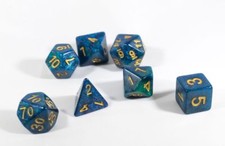 7 COUNT MINI DICE POLY SET: LIGHT BLUE/DARK BLUE WITH GOLD NUMBERS