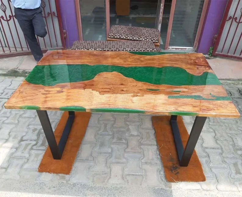 Green Epoxy Resin Counter Top Desk Made to Order with Iron Leg Dining Table Deco - Image 3 of 4