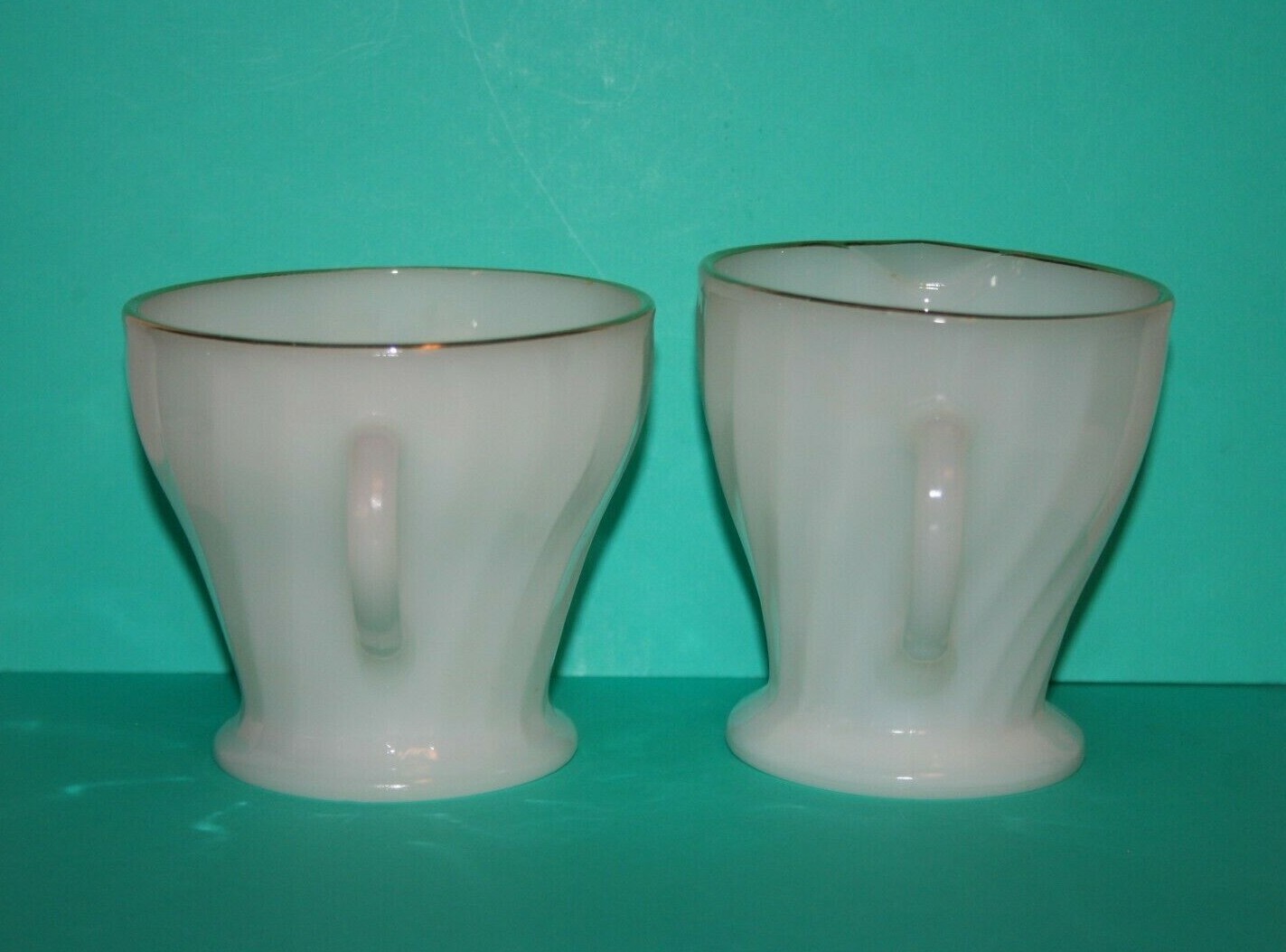 Fire King Creamer & Sugar Bowl Pressed Swirl White Milk Glass Gold Trim