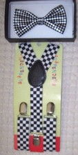 Kids Boys Girls Black White Checkers Adj Pre-Tied Bow Tie Y-Back Suspenders-v3