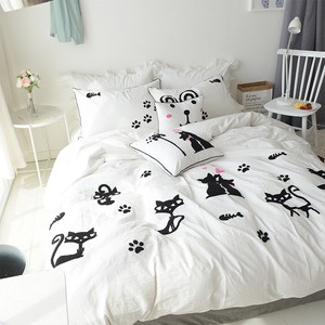 Embroidery Black White Cats Kitty Duvet Quilt Cover Bed Sheet Set