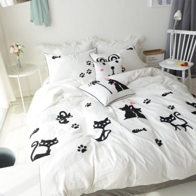 Embroidery Black White Cats Kitty Duvet Quilt Cover Bed Sheet Set Pillowcases