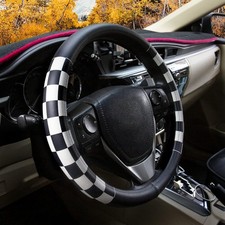 Lattice Leather Steering Wheel Cover, Black leather Black and White Checkered