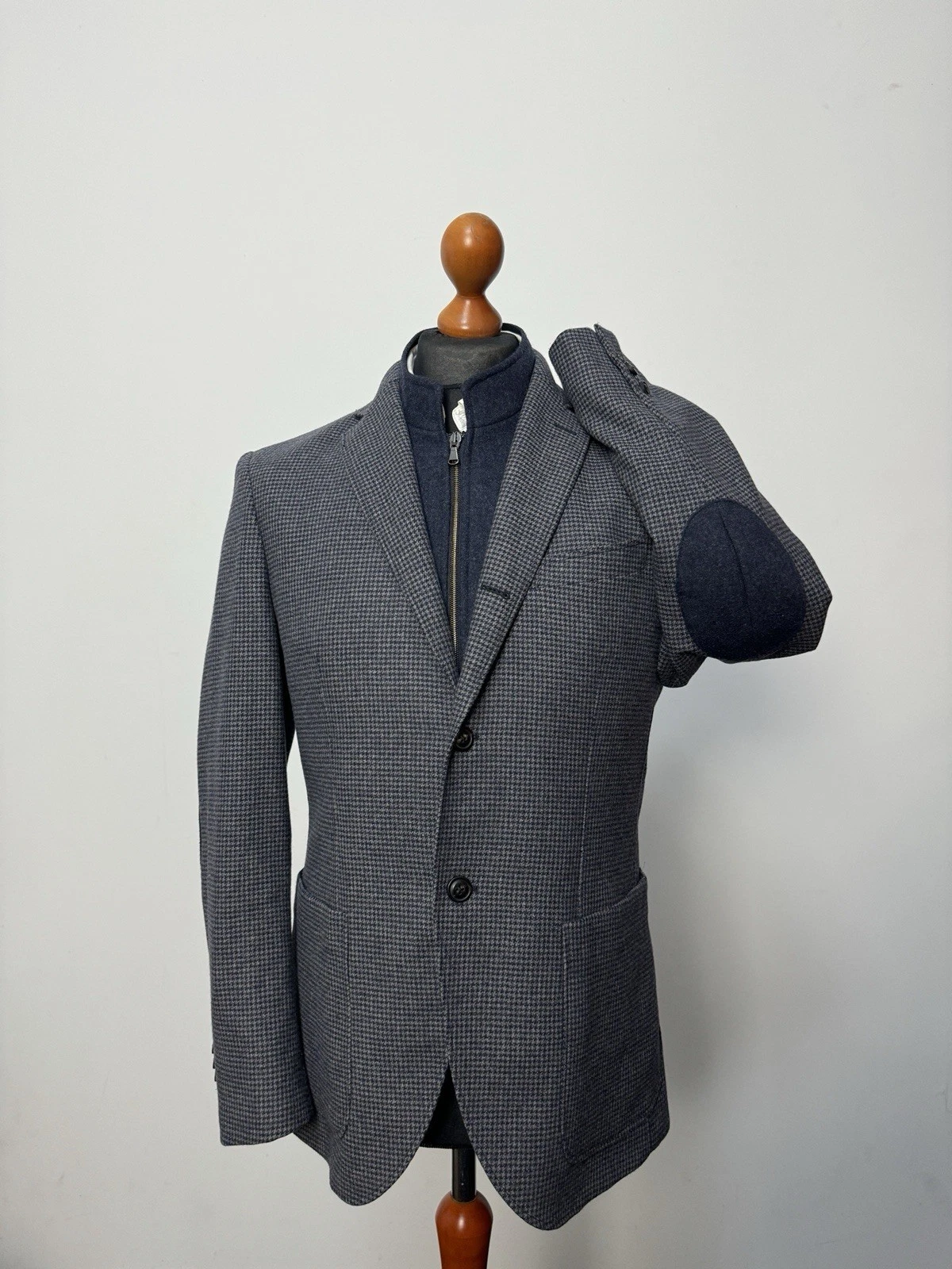 Lebole men's 3 btn wool nylon check blazer jacket elbow patch IT48 US38 p2p 21,1