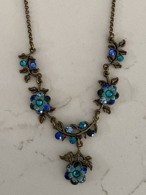Michal Negrin Blue Crystal Victorian Flower Necklace With Matching Earrings