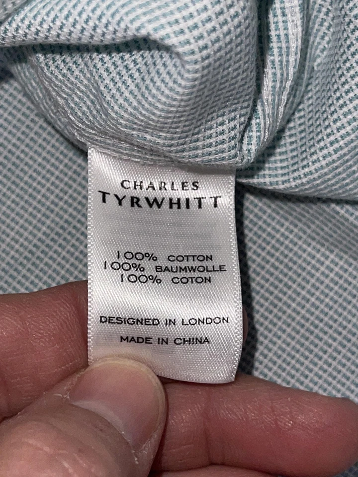 Charles Tyrwhitt Shirt Mens 15.5/33 Green White Non-Iron Slim Fit Button Front - Image 4 of 4