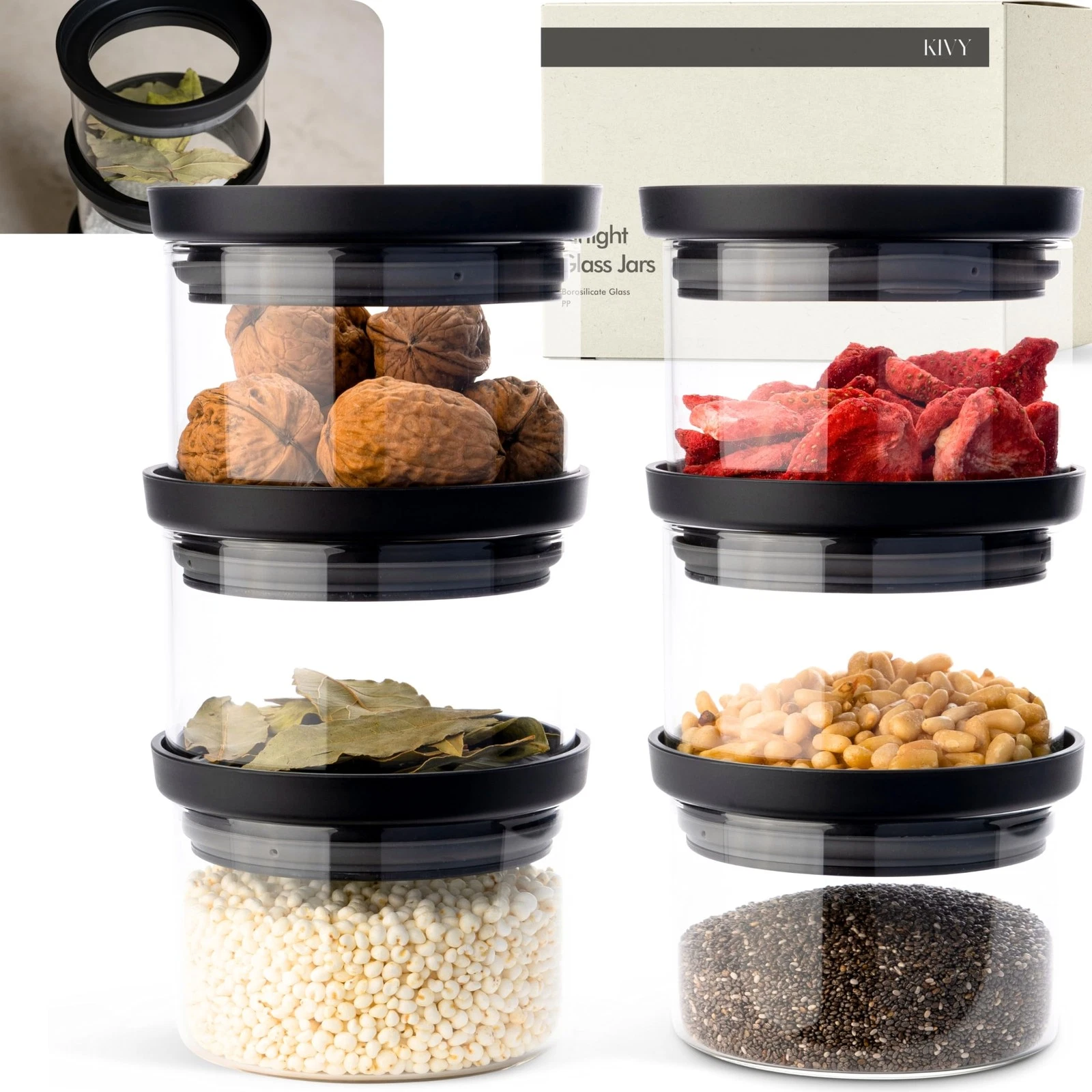 Glass spice jars transparent Glass Lid [6x 12oz] Stackable & Airtight small g...