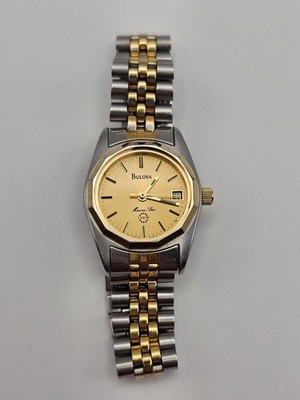 Bulova Marine Star 24mm Gold Dial Two Tone Date Round New Battery. NO CRYSTAL. 