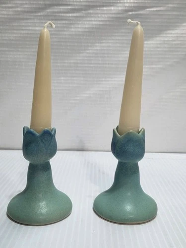 Van Briggle Pottery Turquoise Candlestick Pair Colorado Springs Pottery Set 2