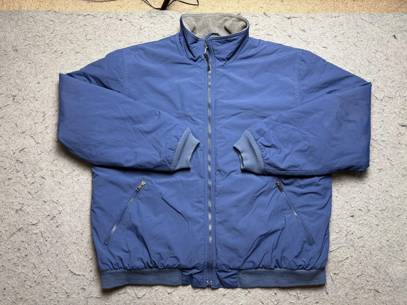 L.L. Bean Jacket Mens XL Blue Bomber Nylon Fleece Lined Full Zip Stand Collar