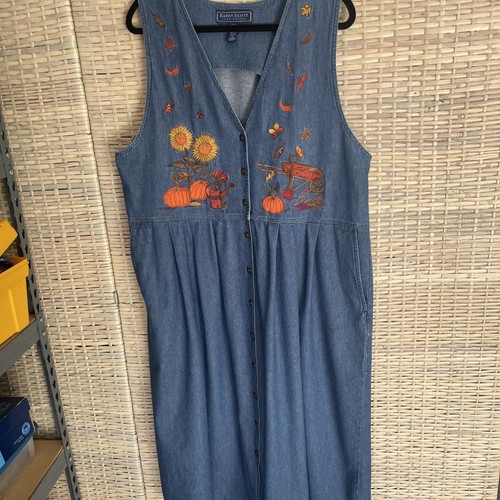 Vintage Karen Scott Denim Harvest Pumpkin Button Front Jumper Maxi Dress XL