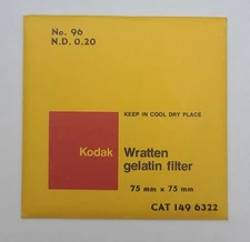 Kodak Wratten Gelatin Filter No. 96 ND 0.20 CAT 1496322 75mm x 75mm **Sealed**