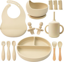 Silicone Baby Feeding Set 14 Pcs, Baby Led Weaning Set, 6M , Beige