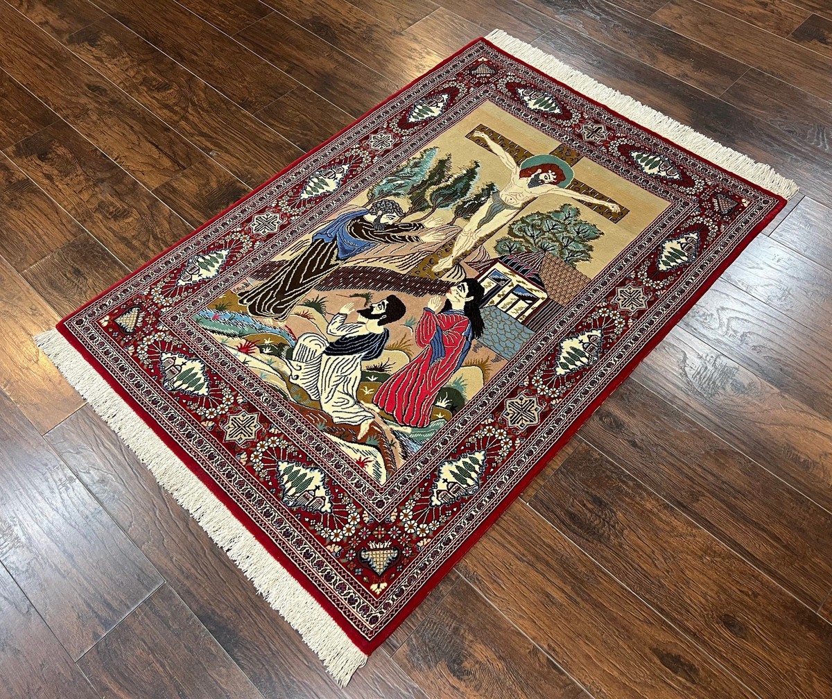 Pictorial Rug 3x5 Rare Christian Carpet Jesus on Cross Handmade