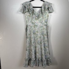 Vintage Style Prairie Cottagecore Floral Ruffle Chiffon Midi Dress Pastel M