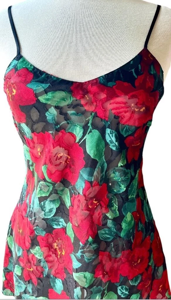 UNDERCOVER Abito slip Y2K ~ VTG VICTORIA'S SECRET VS ~ etichetta oro ~ nero ROSE ROSSE ~ taglia P ~