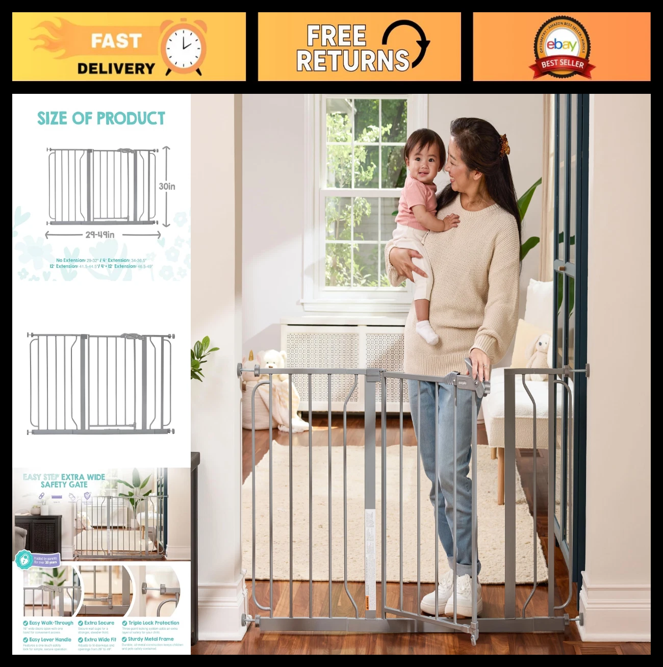 Extra Wide Baby Gate 29-49" for Doorways & Stairs - Pressure Mounted Safety Gate
Opens in a new wind
