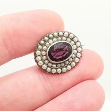 Antique Solid Silver Amethyst Paste Brooch Victorian Seed Pearl Oval 1800s