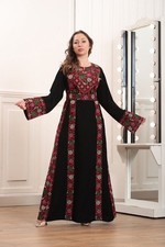 Palestinian Women Embroidered Thobe Dress Tatreez Long Sleeves with Match Belt