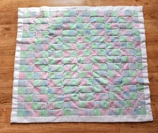 Vtg Baby Quilt Lap Blanket Handmade Houndstooth 35"x 31" Pastel w/Yarn Ties