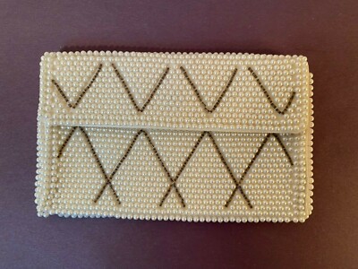 VINTAGE Evening Bag Clutch White Beaded coin purse makeup pouch Made in JAPAN
