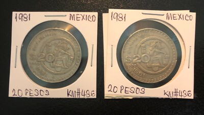 1981 MEXICO 20 PESOS LOT OF 2 COPPER NICKEL COINS-32MM-KM#486 | eBay