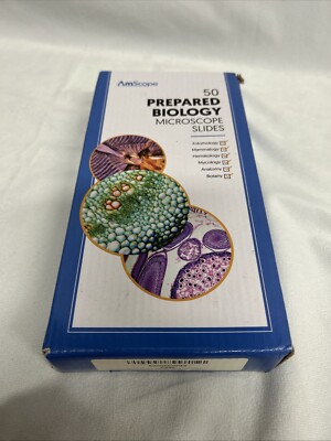 AmScope PS50 50pc Homeschool Biology Prepared Microscope Glass Slides